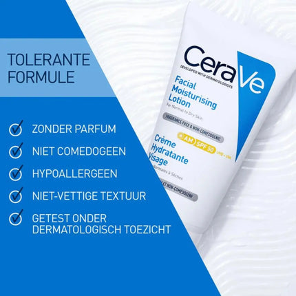 CeraVe Hydraterende Gezichtscrème SPF50 parfumvrij en niet-comedogeen